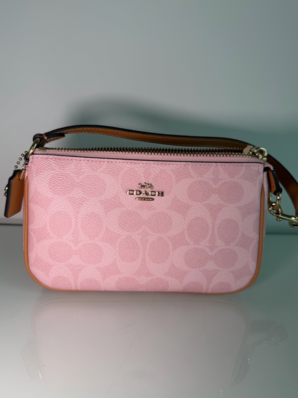 COACH powder Pink Nolita  Signature Canvas Wristlet with Tan Trim